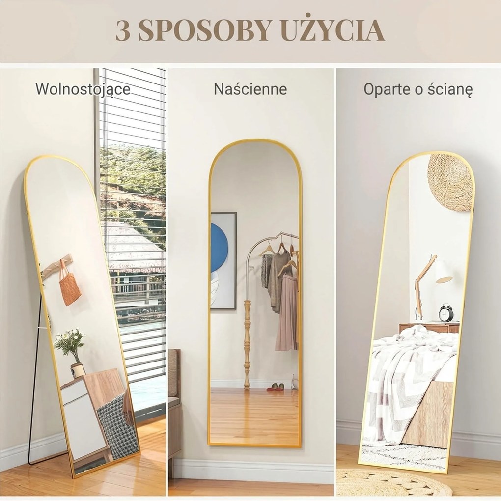 HOMCOM Lustro stojące, lustro całopostaciowe, duże lustro, nowoczesny design, 50 cm x 1,5 cm x 161,5 cm, Złote | Aosom PL