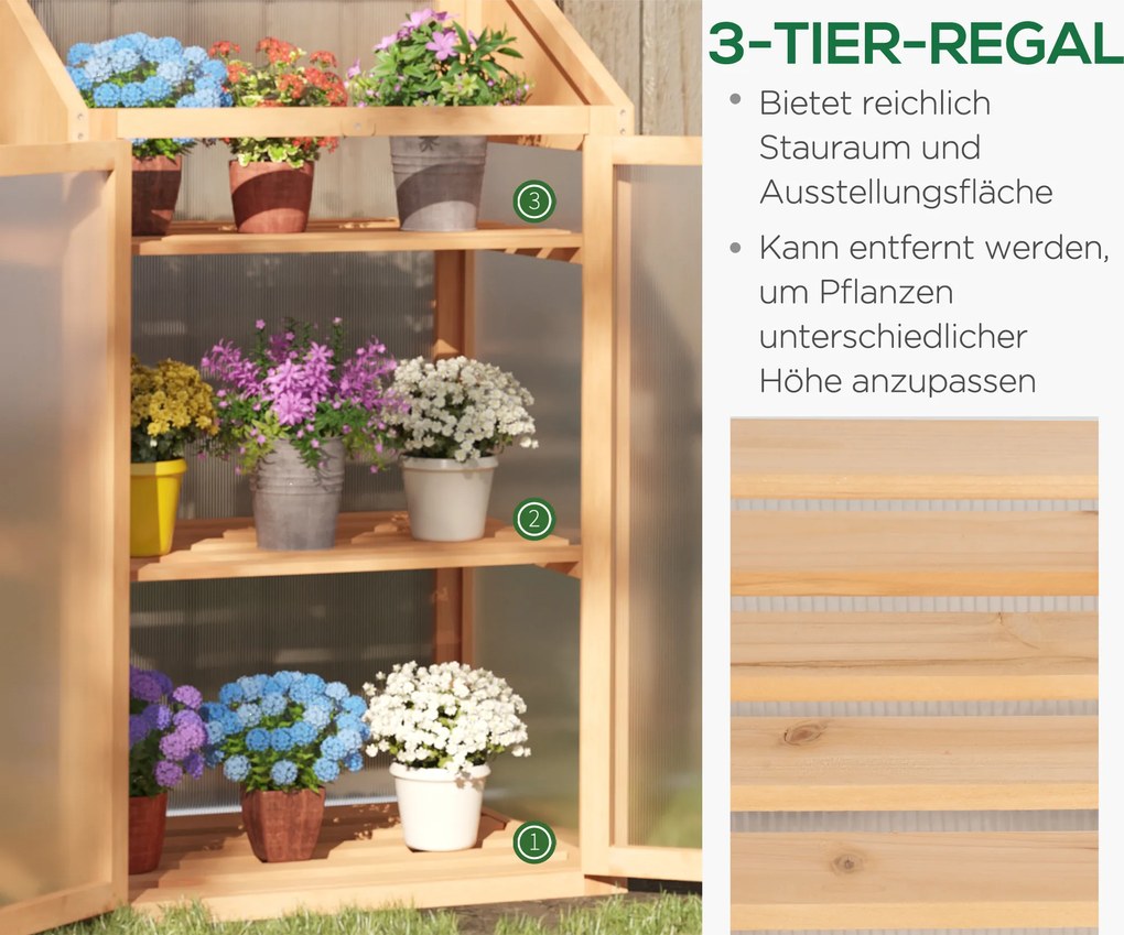 Outsunny Mini szklarnia, mała szklarnia z ramą drewnianą, oknami i podwójnymi drzwiami, 3 półki, 70Dł x 50Szer x 120Wys cm, Brązowa