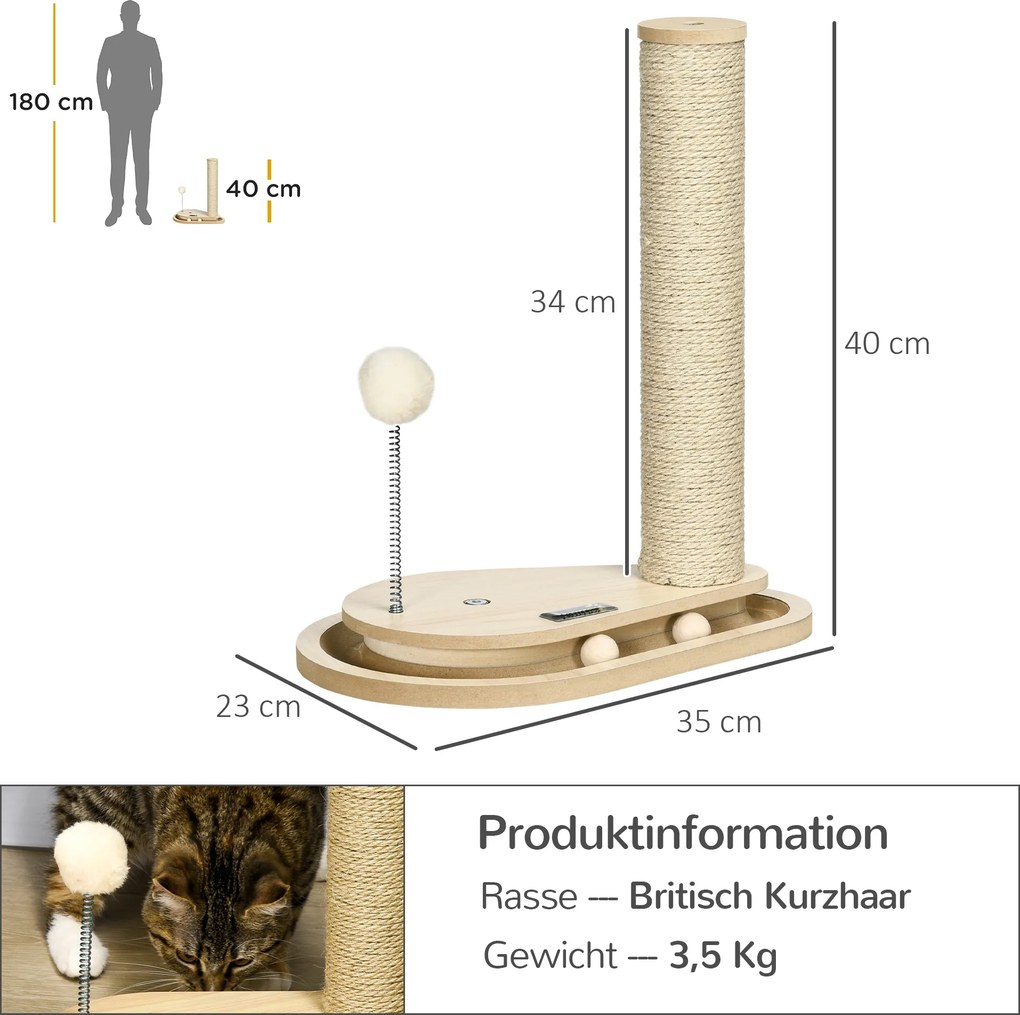 HOMCOM Drapak dla Kociąt z Zabawką, Tora z Kulkami, Kula na Sprężynie, 35 cm x 23 cm x 40 cm, Naturalny