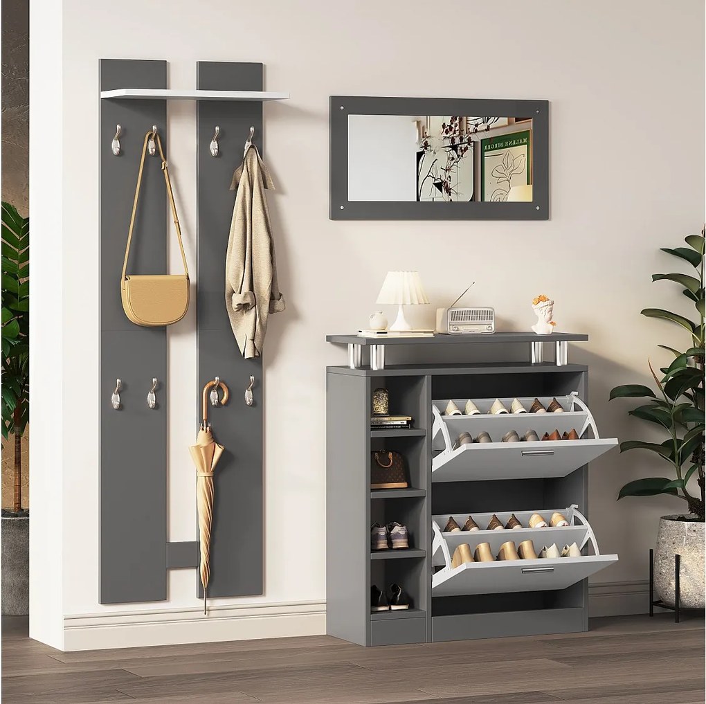 Wieszak ścienny na ubrania + szafka na buty + zestaw lustrzany - Płyta wiórowa - Szary + biały