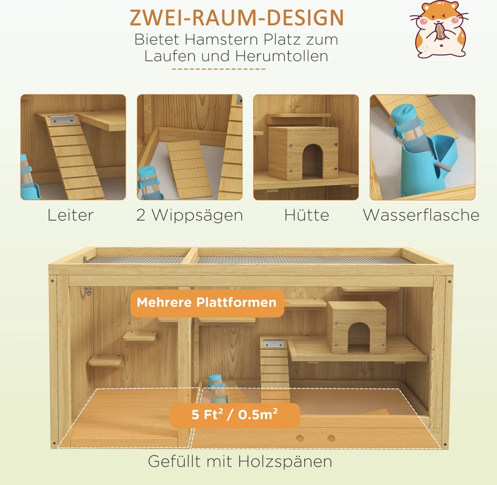 PawHut Klatka dla małych zwierząt z drewna świerkowego z akcesoriami i poidełkiem 100x50x50 cm naturalna | Aosom PL