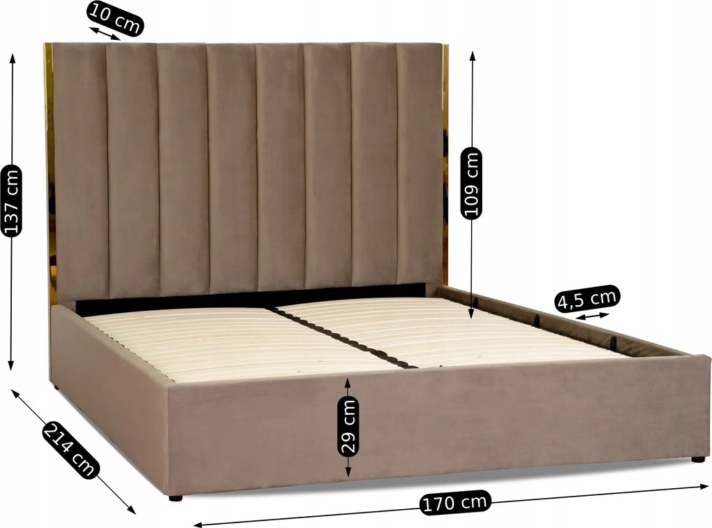 Łóżko Tapicerowane 160x200 cm EMILIO ze Stelażem i Pojemnikiem Dwuosobowe Beżowe Welurowe