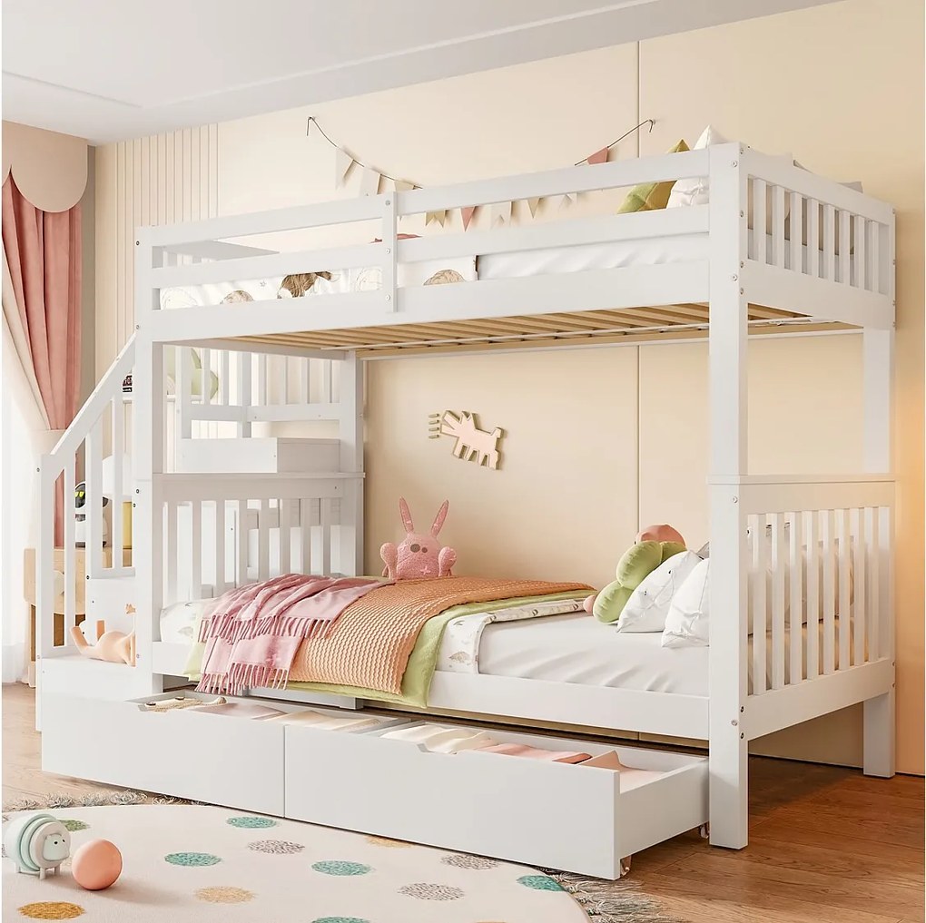 Łóżka piętrowe dla dzieci - 2 x 90 x 200 cm z drabinką + 2 szuflady - drewno - białe