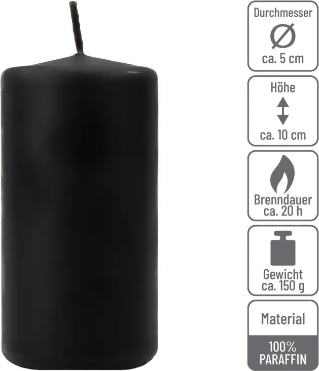 Zestaw świec filarowych, 10 cm, Ø 5 cm, czarne, 8 szt.