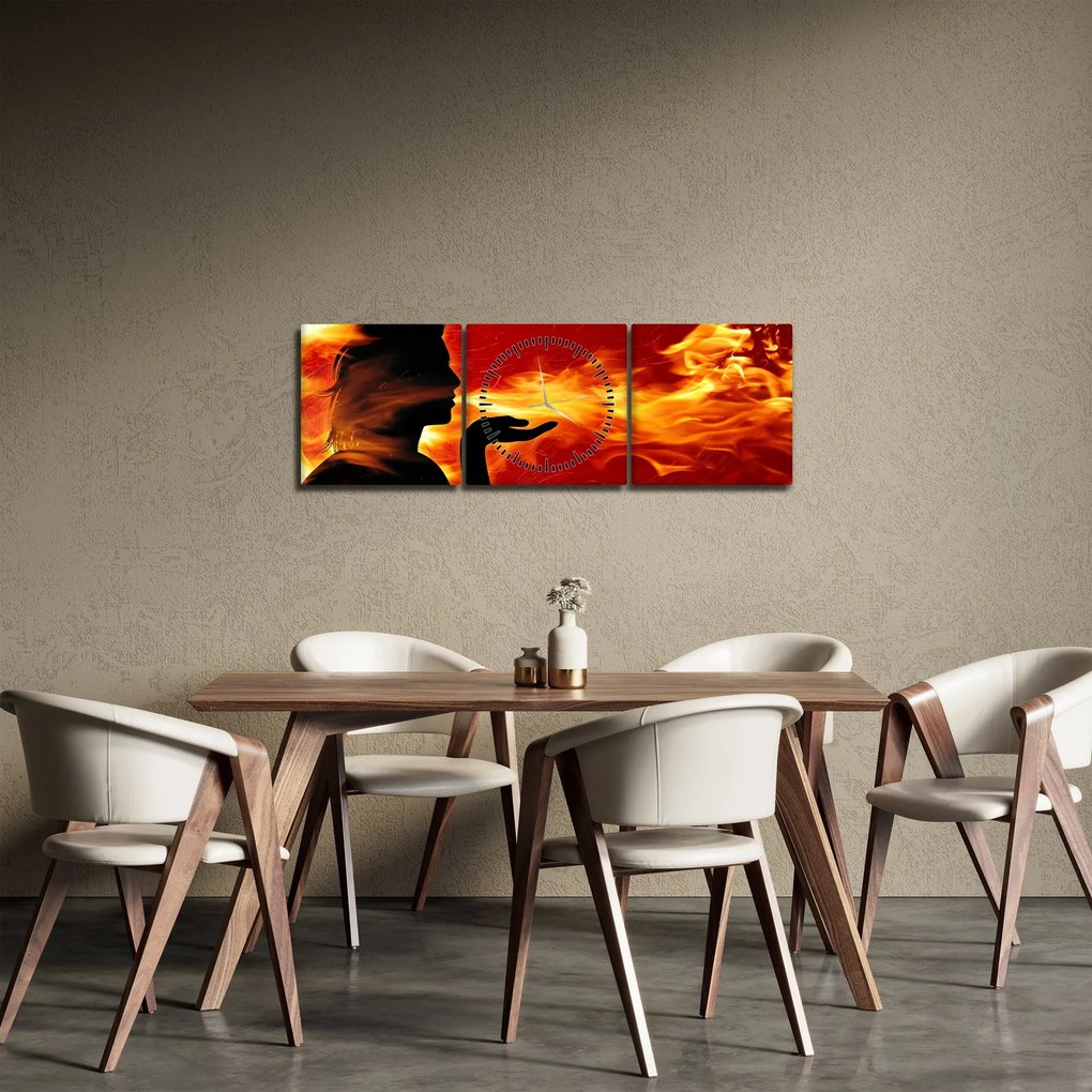 Obraz kobiety z płomieniami (z zegarem) (90x30 cm)