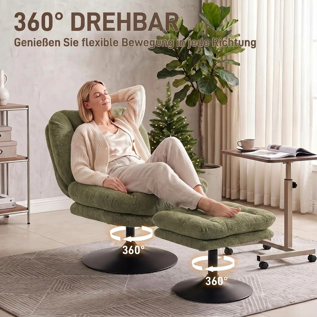 HOMCOM Fotel lounge z podnóżkiem, obracany 360°, z weluru Raindrop, regulowany podnóżek, Zielony | Aosom PL