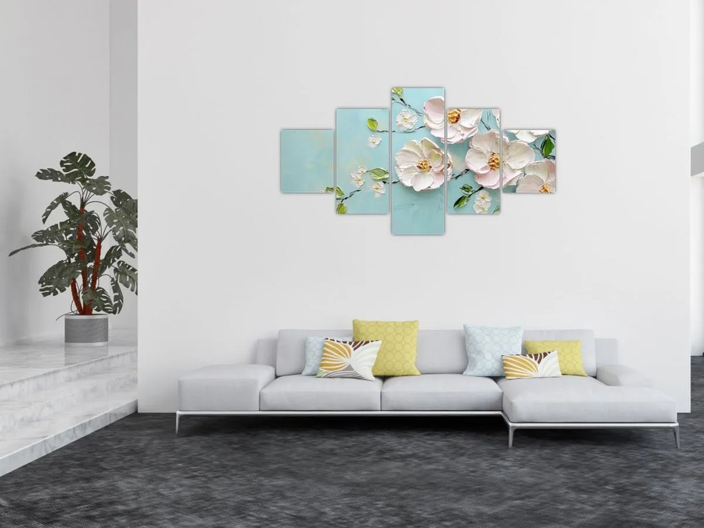 Obraz - Kwiatki na niebieskim tle (125x70 cm)