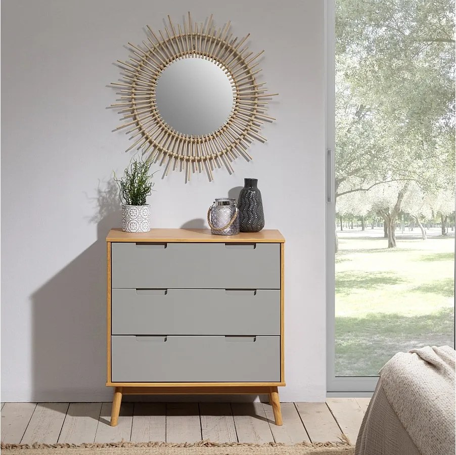 Komoda nocna Colummn Bruce z 3 szufladami, drewno lite, szerokość 80 cm.