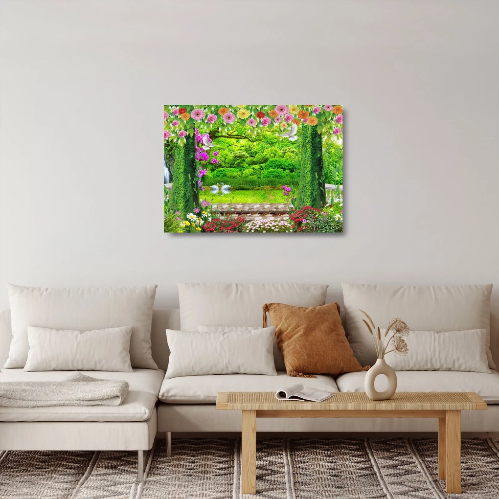 Obraz na szkle - Magiczny ogród z łabędziami (70x50 cm)