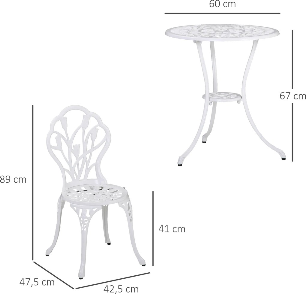 Outsunny Stylowy Zestaw Mebli Balkonowych 3-częściowy - Aluminium, Biały Kolor, 2 Krzesła, Stół z Otworem na Parasol
