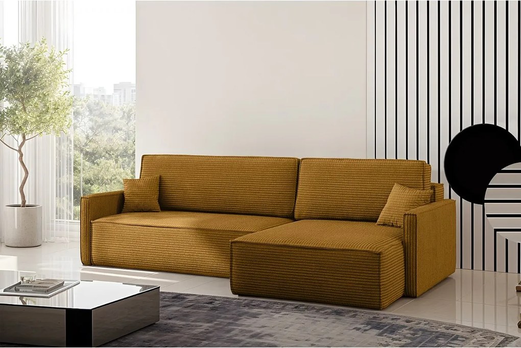 Narożnik z funkcją spania i pojemnikiem w kształcie L Carlos, tkanina Poso, Musztardowy, Prawy