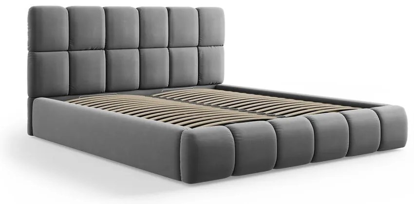 Szare aksamitne tapicerowane łóżko dwuosobowe ze schowkiem i stelażem 180x200 cm Bellis – Micadoni