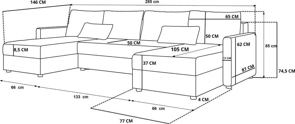 Rozkładana sofa narożna w kształcie U VENORIA 285x146 cm, pudroworóżowa + 2 poduszki GRATIS