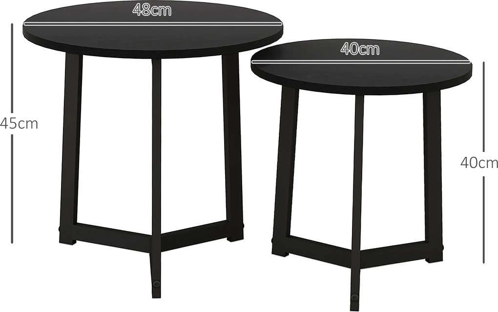 HOMCOM Nowoczesny zestaw 2 stolików kawowych, Rama metalowa, MDF, Okrągły design, Wsuwane, Czarny