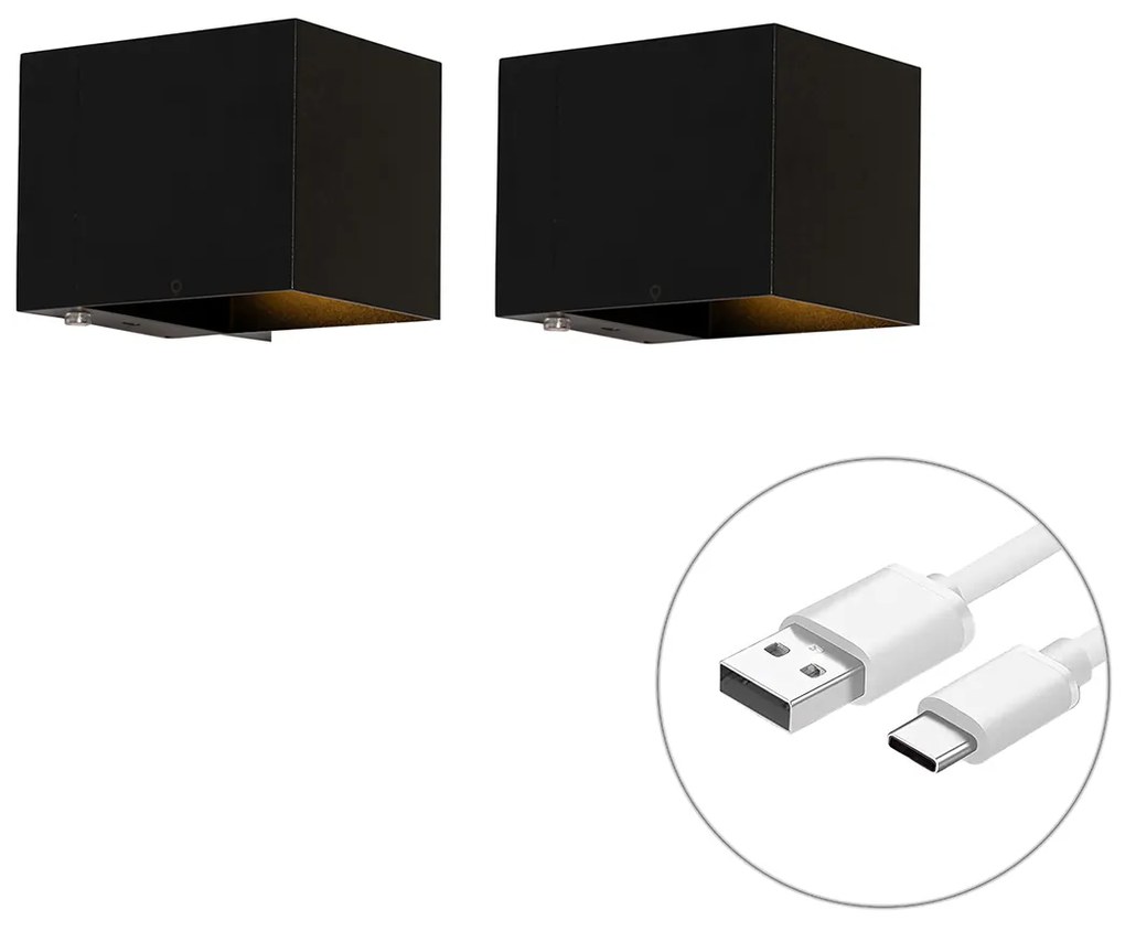 Zestaw 2 ładowalnych czarnych lamp ściennych ze ściemniaczem - Joris