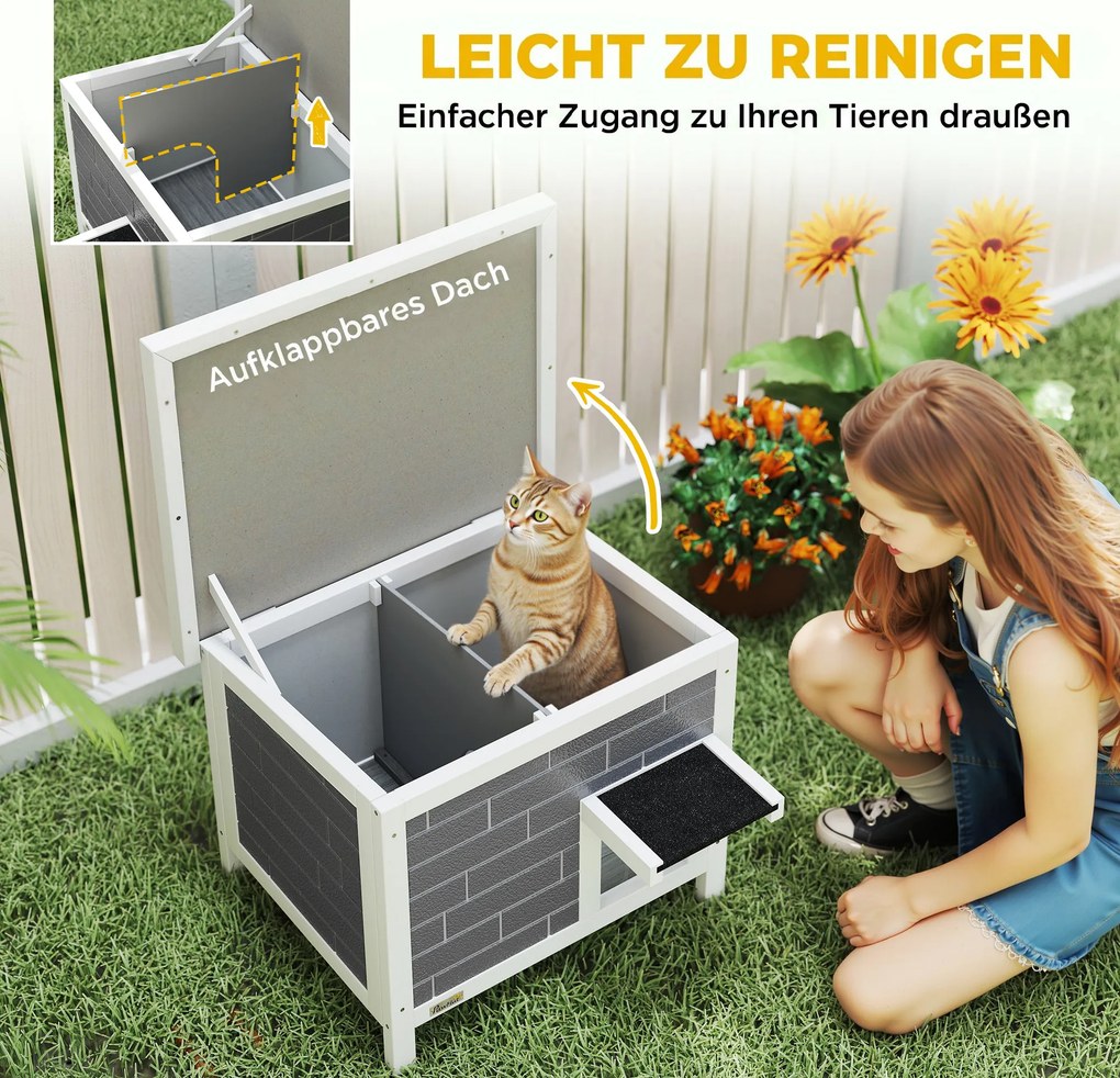 PawHut Domek dla kota Wodoodporny domek drewniany z uchylnym dachem Aluminiowe płyty izolacyjne Dach z asfaltu 61x51x53,5 cm | Aosom PL