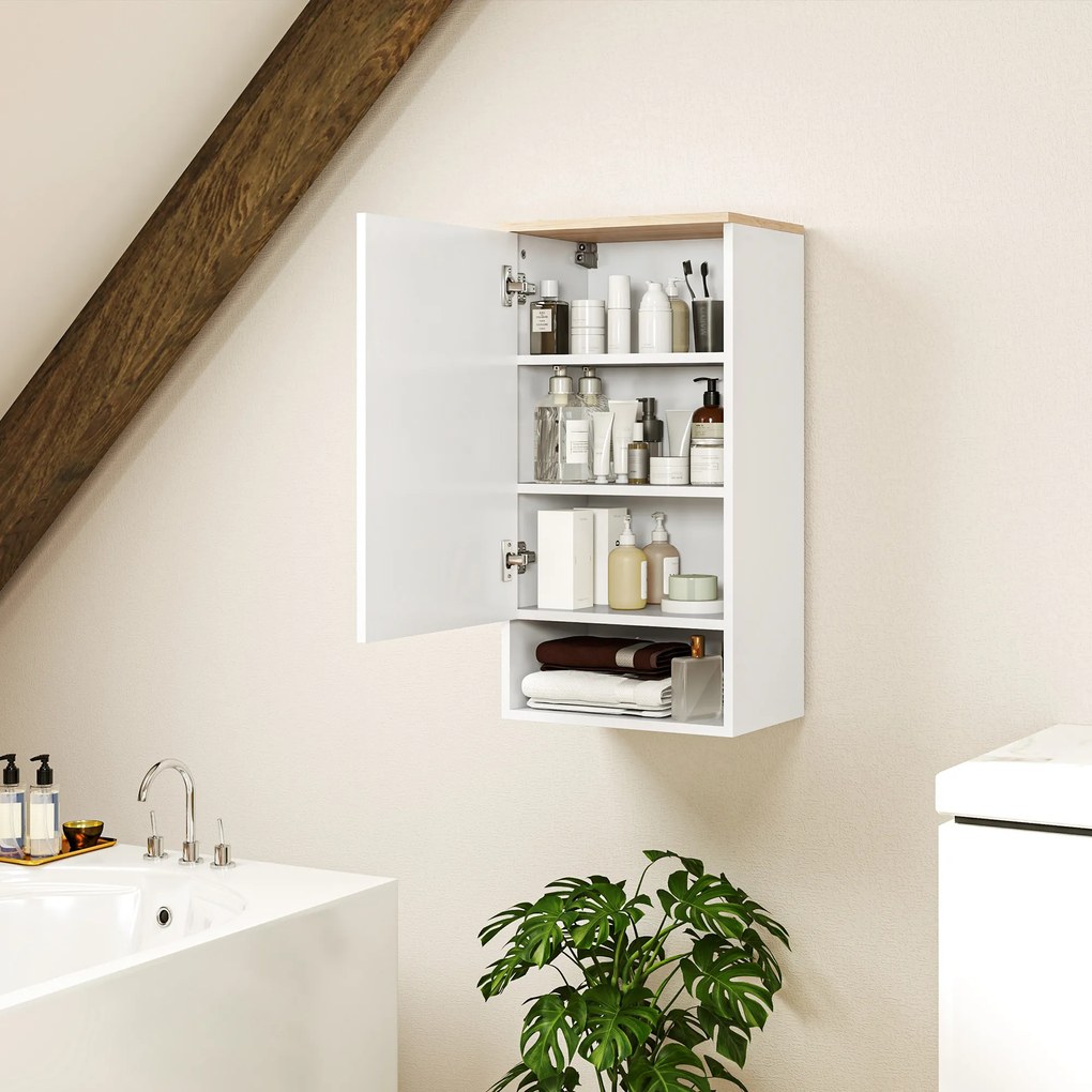 HOMCOM Szafka Ścienna do Łazienki, Szafka Łazienkowa z Regulowanymi Półkami, Otwartą Półką, Drewniana, Biała