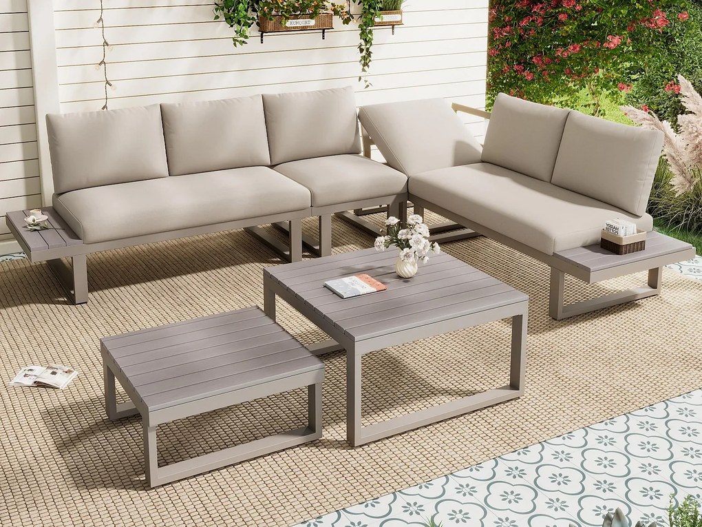 Salon ogrodowy - zestaw mebli - 6 osób - ze stali ocynkowanej - kanapa narożna - 2 stoliki kawowe - blat z tworzywa drewnopodobnego - Khaki