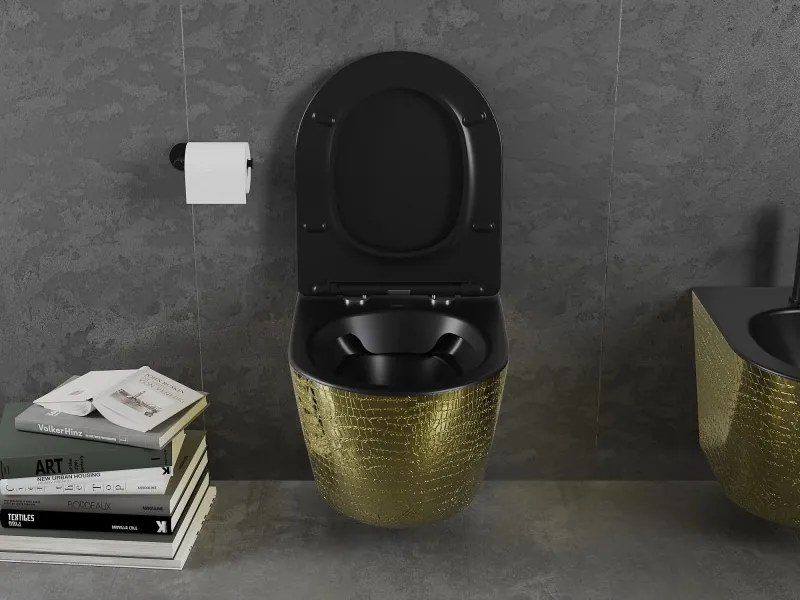 Mexen Lena miska wc Rimless z deską wolnoopadającą slim, duroplast, czarna mat/złota wzór łuski - 30224078