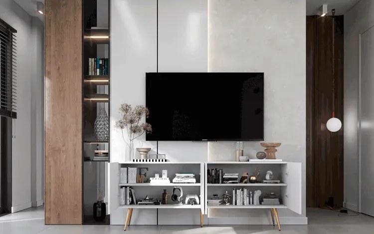 Granatowa lamelowa szafka pod TV glamour E7-B34