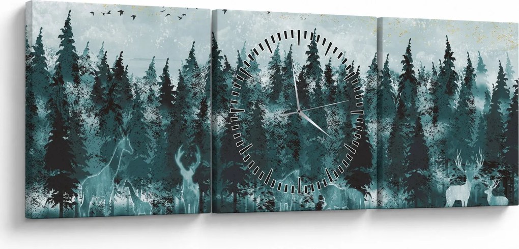 Obraz - Zwierzęta w lesie (z zegarem) (90x30 cm)