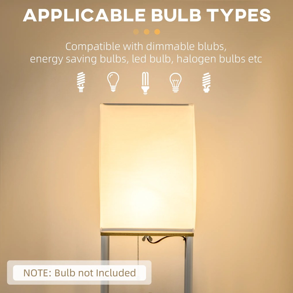 HOMCOM Lampa stojąca, kinkiet z półkami, rama metalowa, abażur z tkaniny, 26x26x159cm, Biały/Brązowy