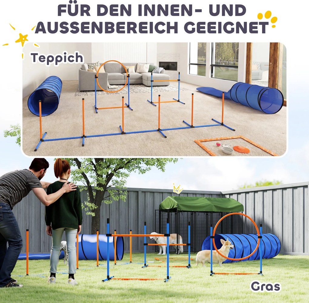 PawHut Zestaw Agility dla psów 11-częściowy wyposażenie Agility z 2 tunelami, regulowana wysokość, obręcz skokowa i płotki, tyczka slalomowa | Aosom PL