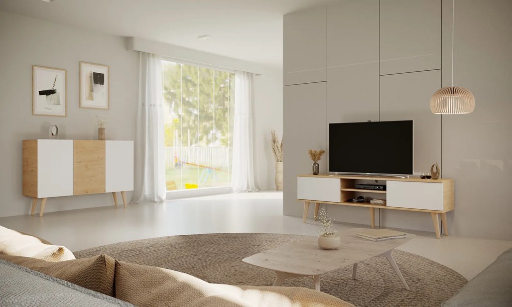 Szafka RTV na drewnianych nogach Toronto 160 dąb artisan/biały