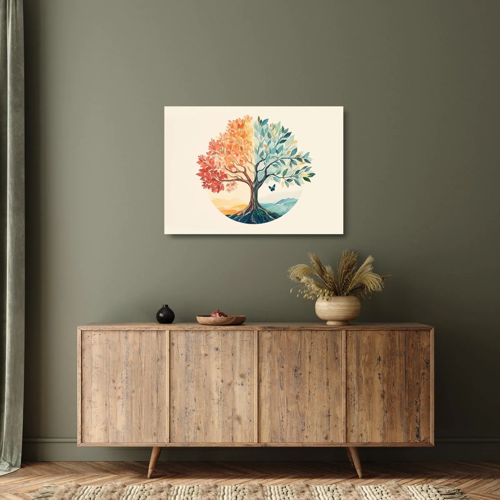 Obraz na szkle – Podwójne drzewo z motylem (70x50 cm)