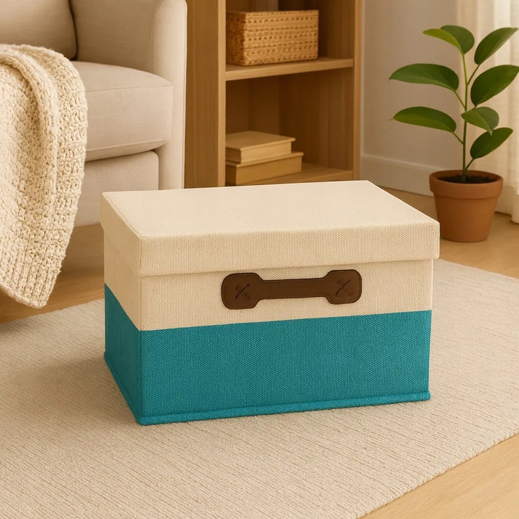 Organizer Tekstylny Turkusowy 38x28x18 cm Beżowy Pudełko z Pokrywą do domu
