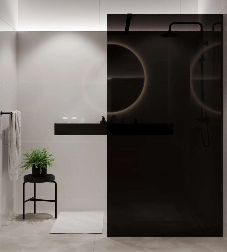 Ścianka prysznicowa WALK IN FIX czarna prostokątna 8 mm Molis Classic Black MASSI | rożne rozmiary : Kolor profili kabiny - złoty szczotkowany, Szerokość ścianki - 80 cm, Typ montażu - WALK in FIX (Do ściany)