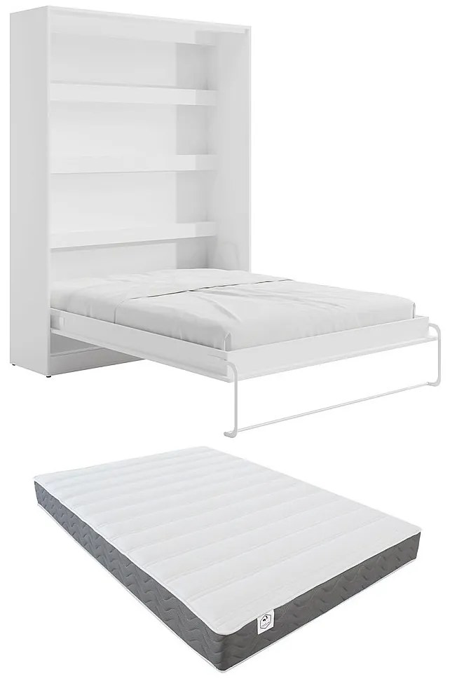 Łóżko chowane w szafie 160 × 200 cm – Otwieranie pionowe manualne – Oświetlenie LED – Białe + Materac – RAPILI