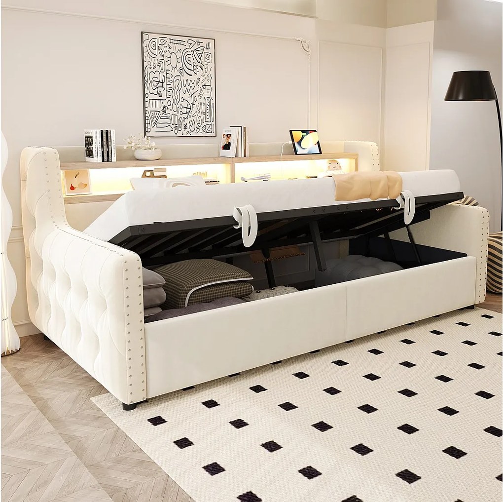 Leżanka 90x200 cm, łóżko dla dorosłych z miejscem do przechowywania, LED i portami USB – beżowy welur (bez materaca)