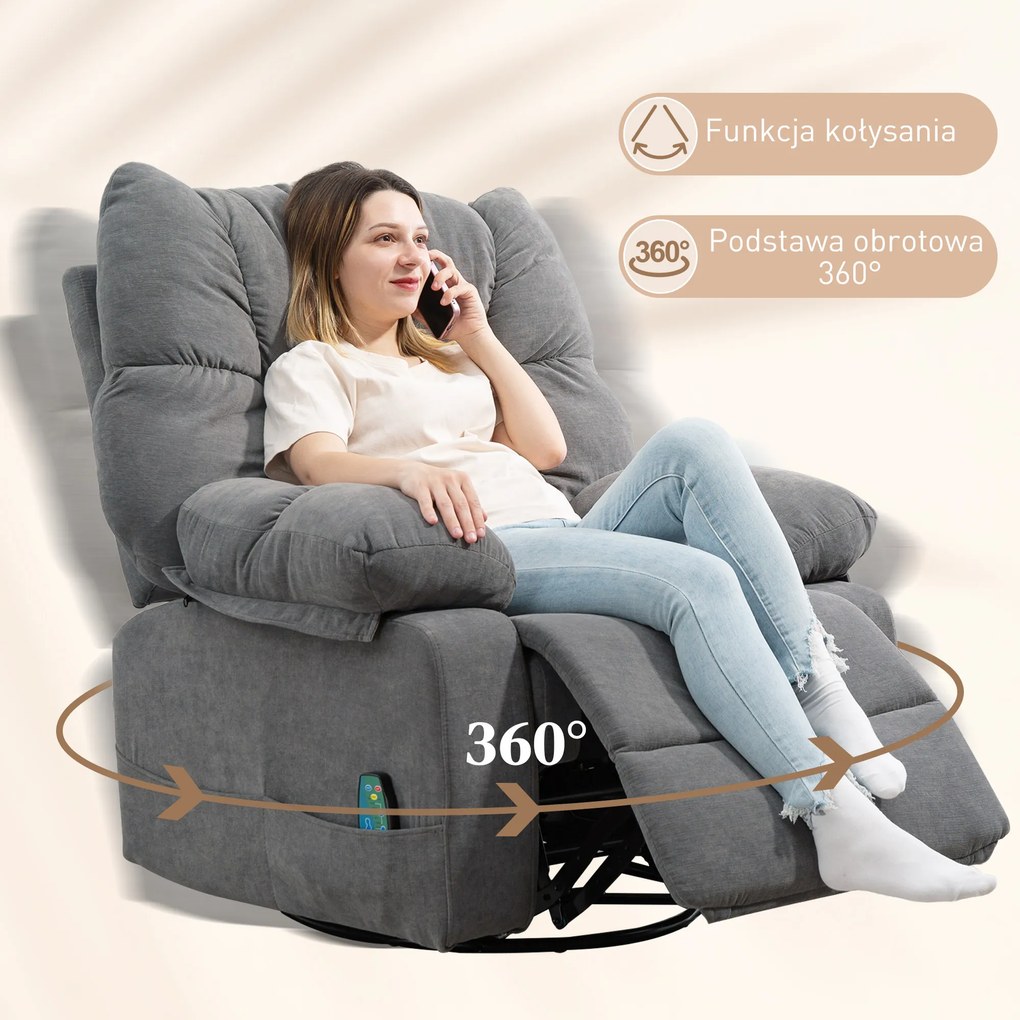 HOMCOM Fotel Relax z funkcją masażu, Regulowany obrotowy fotel masujący, 4 kieszenie boczne i pilot, Ciemnoszary