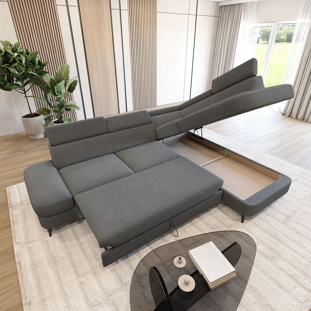Masseno Narożnik AVISE z funkcją spania i pojemnikiem na pościel Narozniki L, Rozkładana sofa - Szary, QUELLE 92