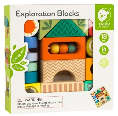 Classic world drewniane klocki sensoryczne 7 funkcji układanka multifunkcyjna kształty dźwięk montessori 14 el.