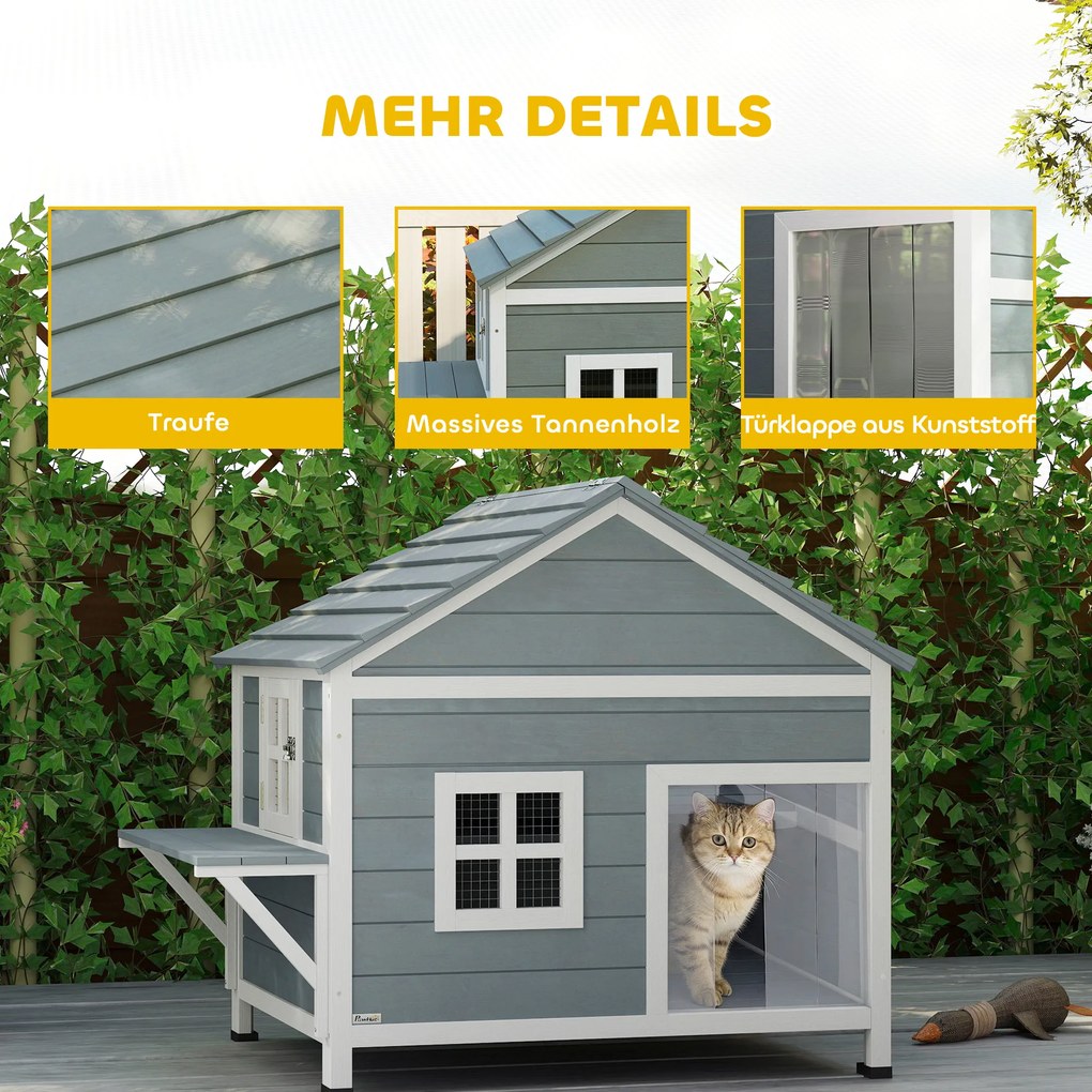 PawHut Domek dla kotów z drewna 2-poziomowa kryjówka z wodoodpornym, otwieranym dachem, boczną platformą, 101x72,5x81cm, Szary | Aosom PL