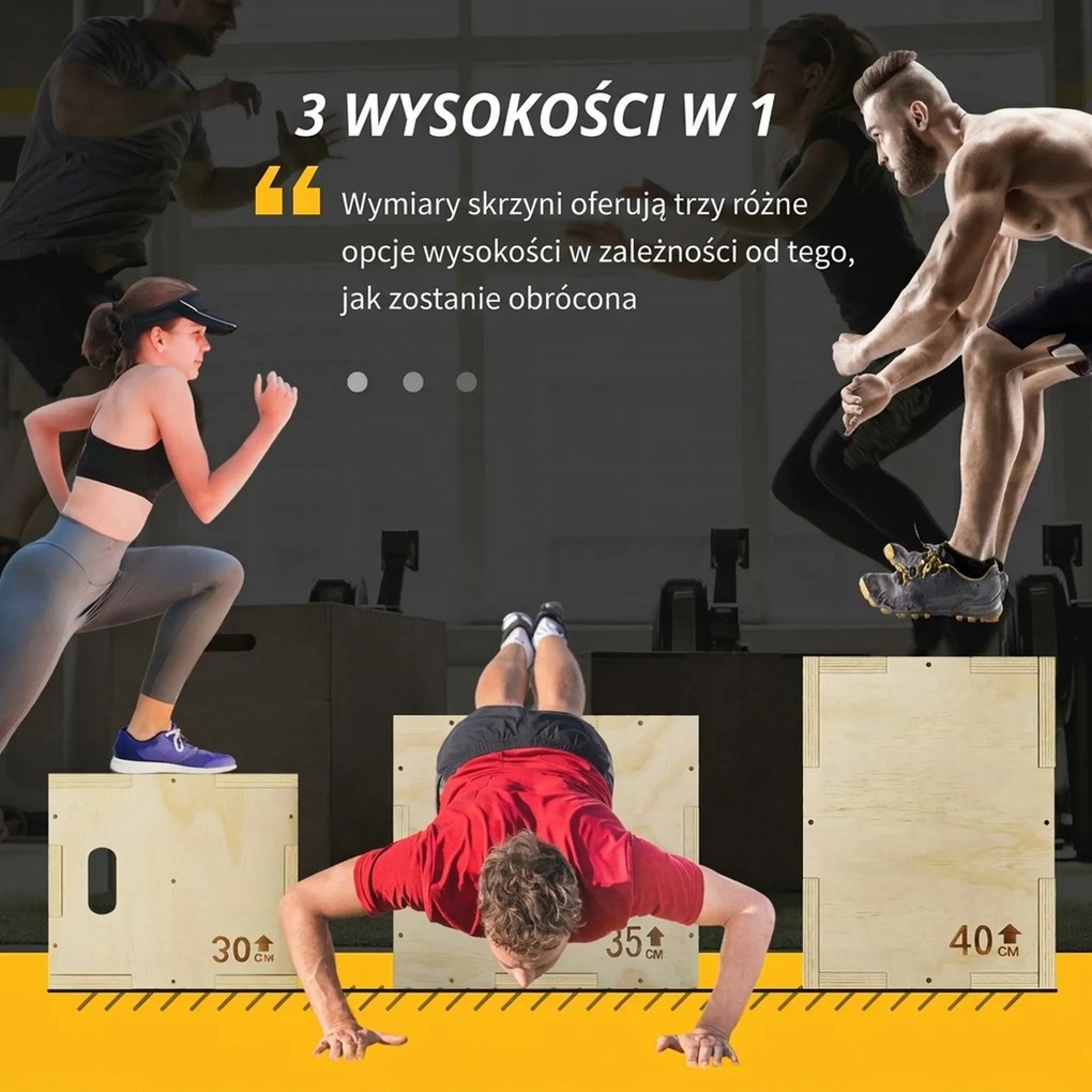 HOMCOM 3-w-1 Plyo Box drewniana skrzynia plyometryczna z 3 wysokościami skoku i uchwytami 40,5 x 35,5 x 30,5cm drewno naturalne