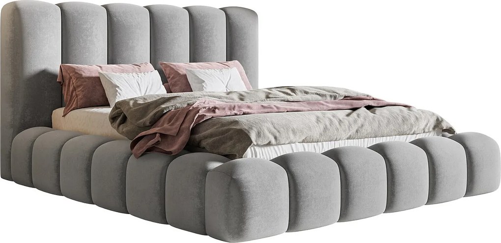 Łóżko tapicerowane 180x200 Madeno - gruba pianka, pojemnik, stelaż metalowy - welur, jasny szary (Amor Velvet 4318)