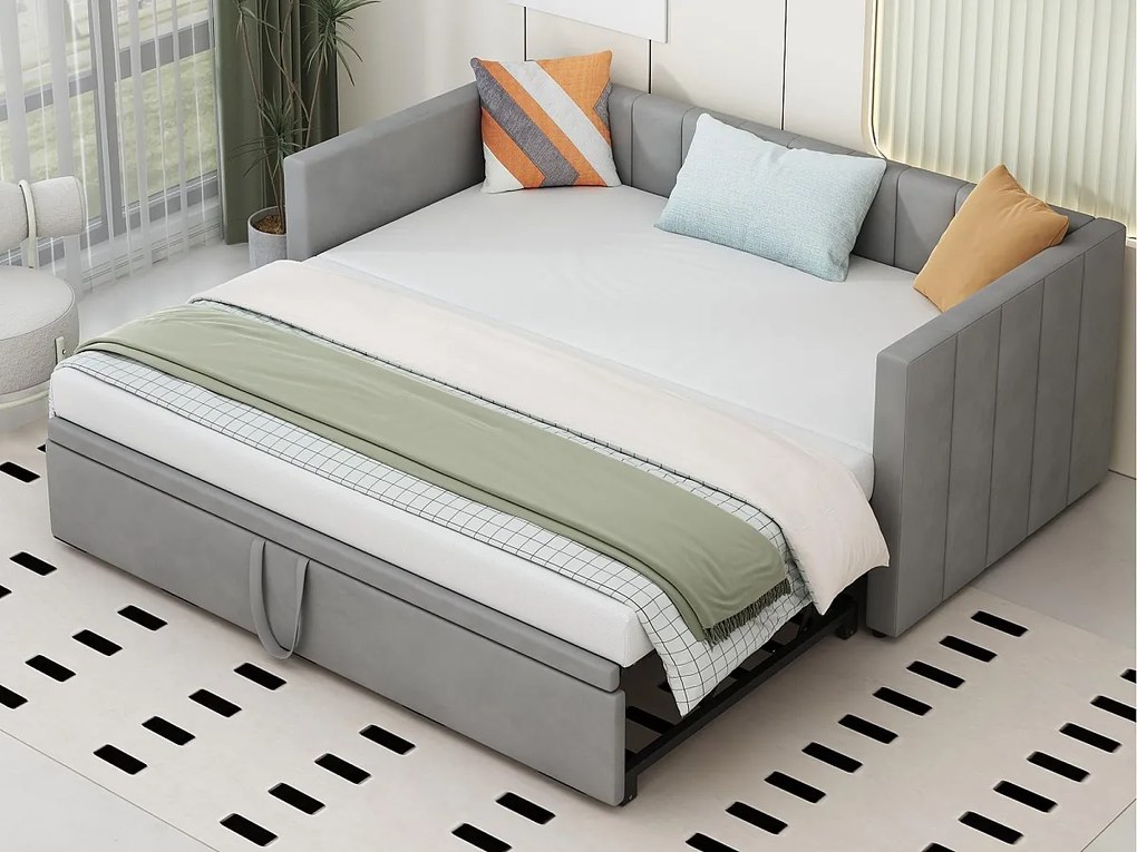 Łóżko z wysuwanym materacem 90/180x200cm, kanapa z tkaniny aksamitnej z stelażem na listwy - Jasnoszary