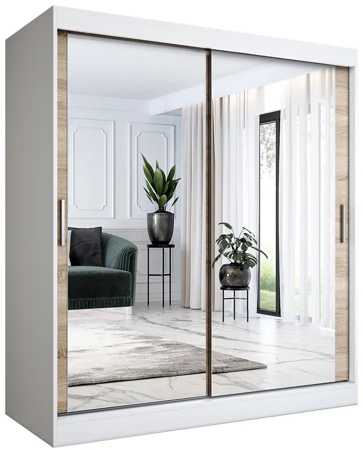 Szafa przesuwna z lustrem biel + dąb sonoma 180 cm S9-C70