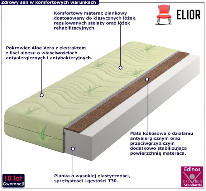 Materac piankowo-kokosowy z pokrowcem aloe vera 120x200 H6-D32