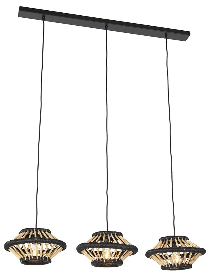 Orientalna lampa wisząca bambusowa z czarnym owalnym kloszem 3-światłowym - EvalinKolonialny Oswietlenie wewnetrzne
