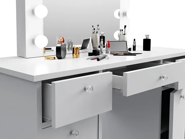 Biała duża toaletka w stylu glamour z oświetleniem LED - Nurso