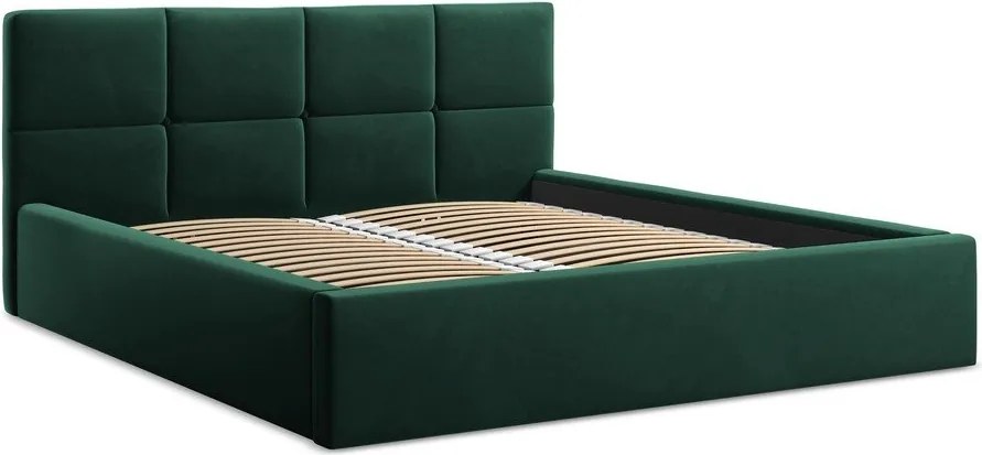 Ciemnozielone aksamitne tapicerowane łóżko dwuosobowe ze schowkiem ze stelażem 140x200 cm Hiko – Makamii