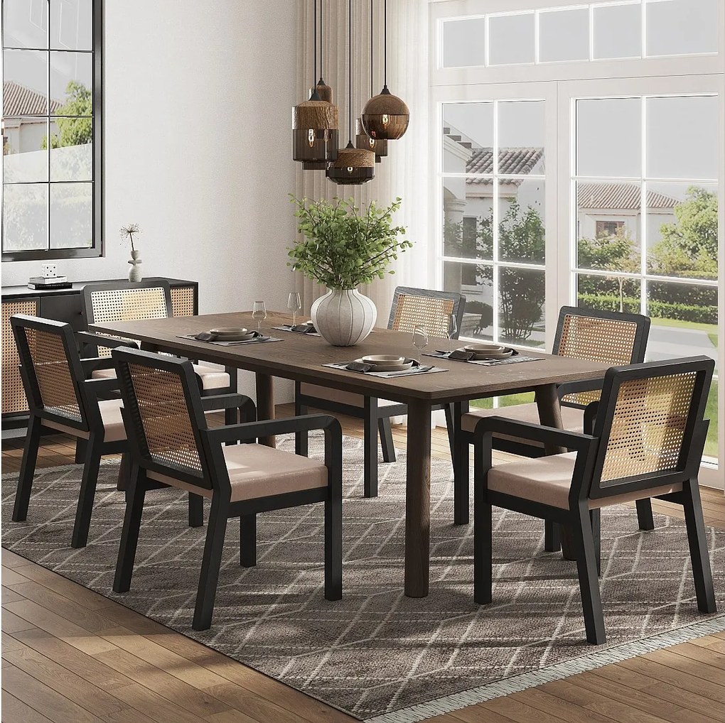 Komplet 6 krzeseł do jadalni/toaletki z aksamitu - 56 x 57 x 83 cm - z oparciem z rattanu - drewno - kolor czarny