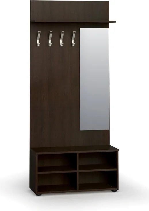 Garderoba z szafką na buty i lustrem PRIMO WOOD, 4 haczyki, półka, tekstura drewna pionowa, wenge