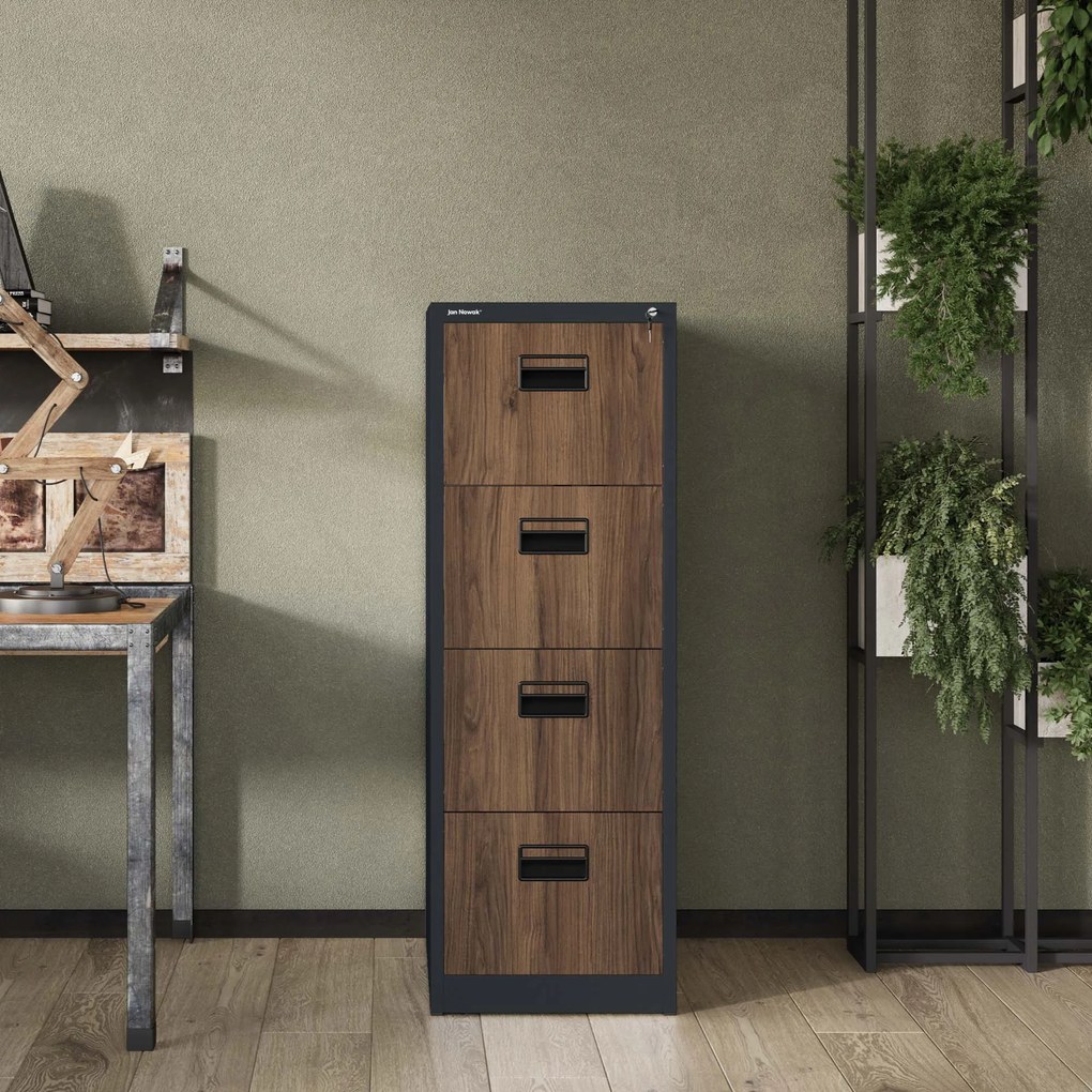 Metalowa szafa kartotekowa SARA V4, 460 x 1320 x 620 mm, Eco Design: antracytowa/ orzech