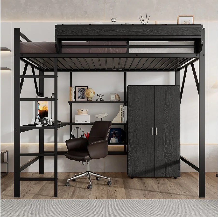 Łóżko piętrowe dla dzieci, żelazne, 140 x 200 cm, z szafą + biurkiem + półką - żelazo + płyta MDF - czarne