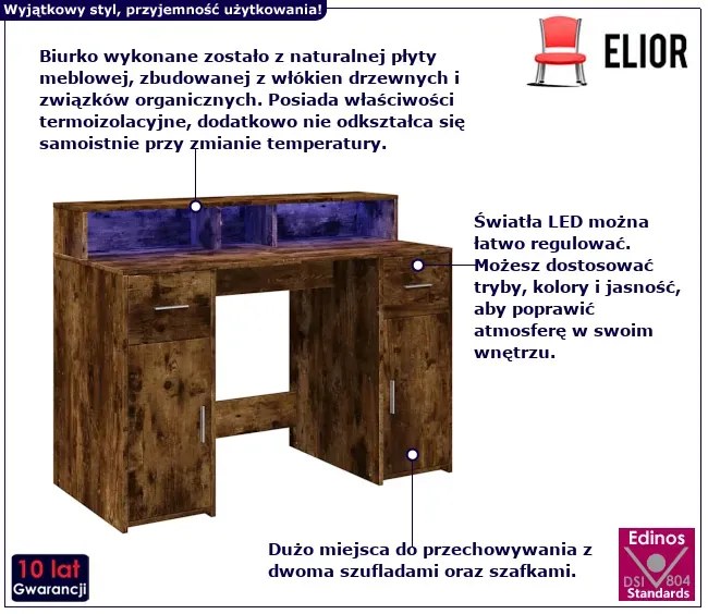 Biurko podświetlane 120 cm przydymiony dąb - Duna